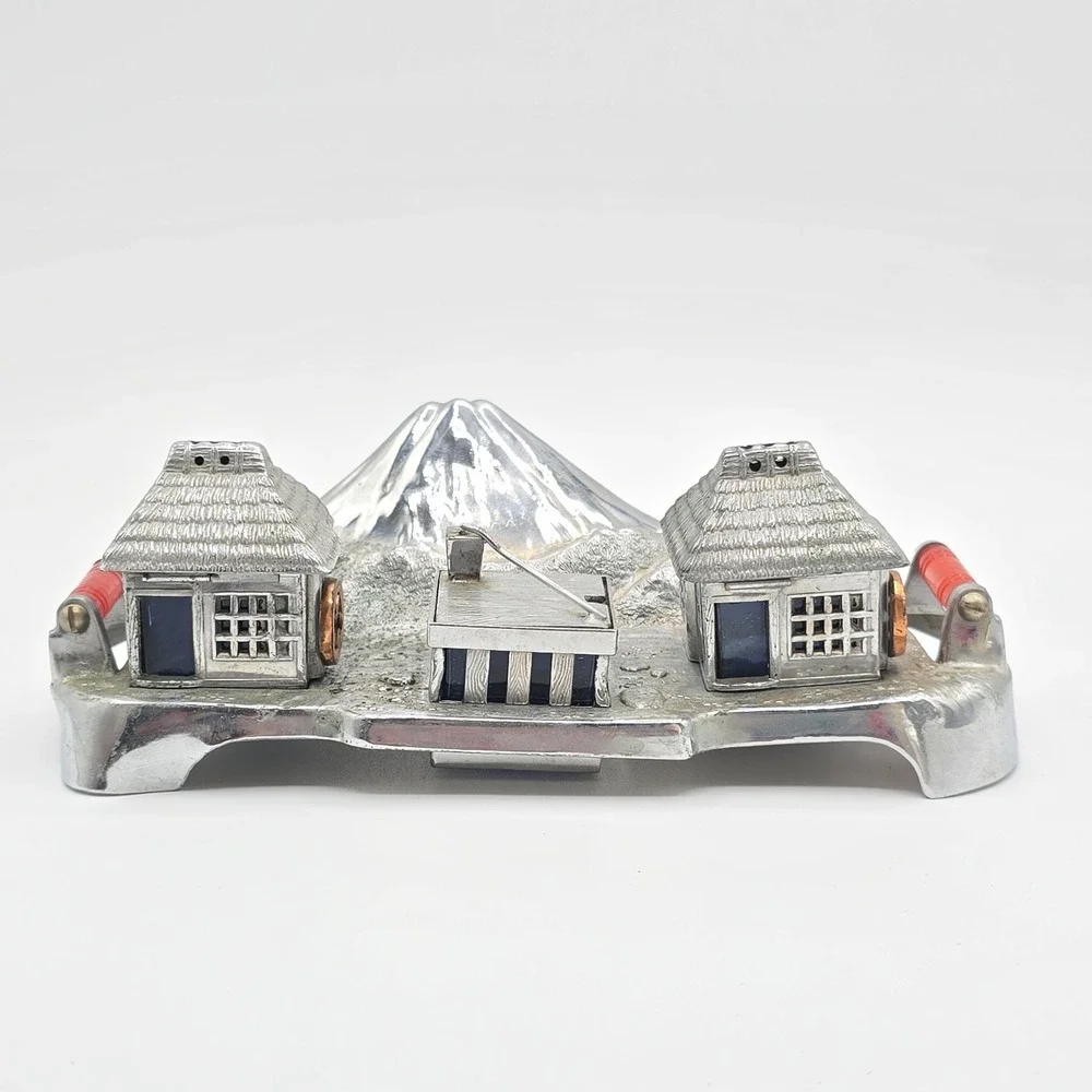 Vintage Mounti Fuji Metal Condiment Tray Salt And Pepper Metal Blue‎ Glass
